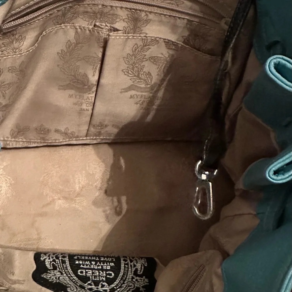 My flat in London MFIL leather bag purse handbag teal blue green bow crown - Picture 8 of 9